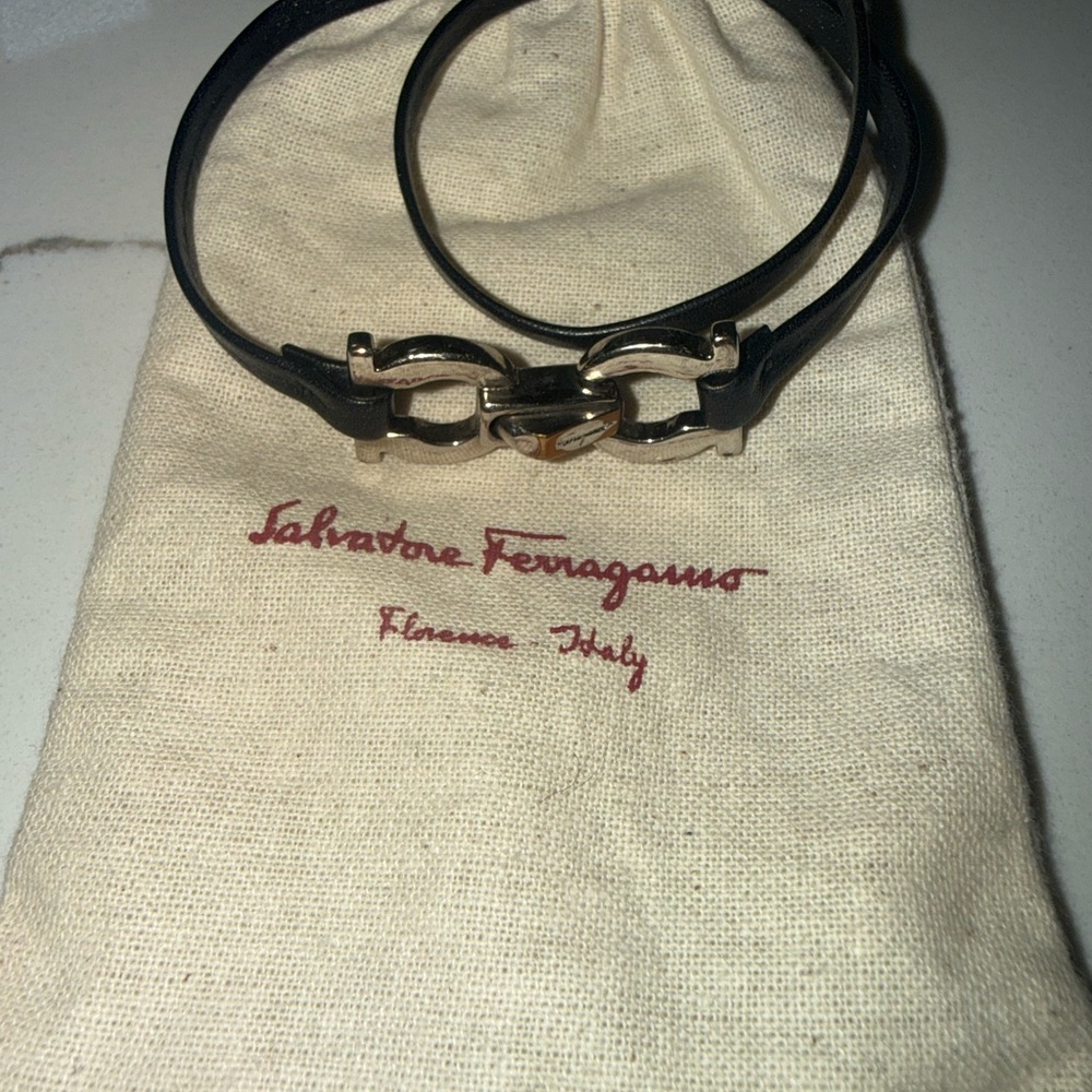 Salvatore Ferragamo Black Leather Wrap Bracelet with Silver Gancini